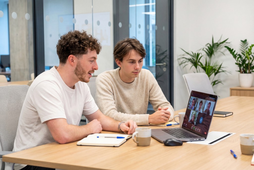 Two colleagues on a video call on a laptop in a bright modern office with plants and glass partitions