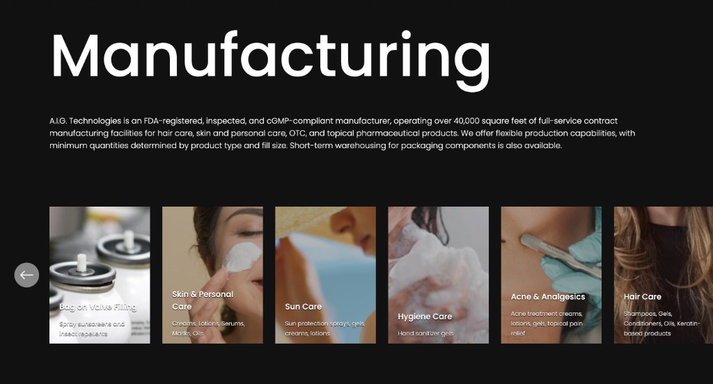 Section Manufacturing du site A.I.G. Technologies, gammes de fabrication sous contrat