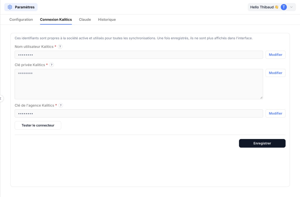 Paramètres Altea BI, connexion API Kalitics et test du connecteur