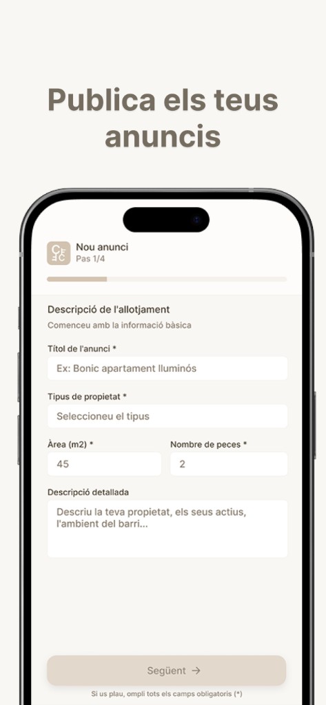 Publication d’un annonce de colocation, formulaire pas 1/4 dans l’app Clau i Clau