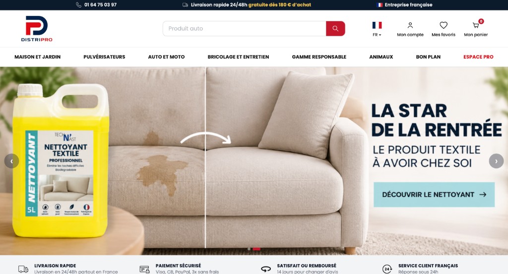 Page d’accueil Distripro après refonte, bannière produit et navigation par usages