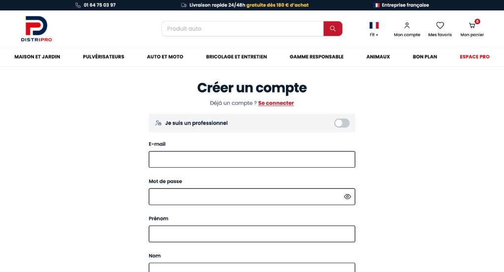 Création de compte Distripro avec bascule Je suis un professionnel