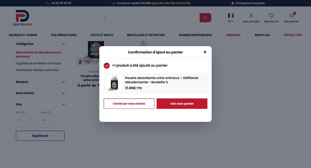 Confirmation d’ajout au panier sur le site Distripro