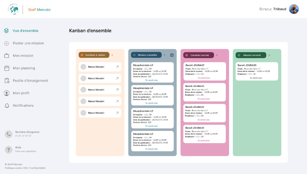 Back-office Staff Mercato, kanban de pilotage des candidats et missions