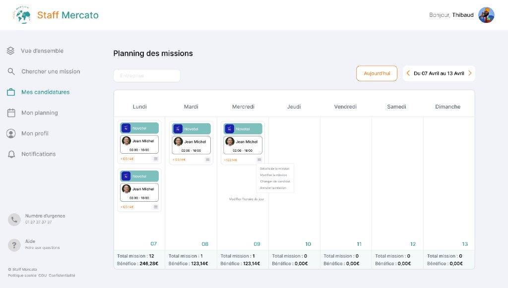 Back-office Staff Mercato, planning hebdomadaire des missions et extras par établissement