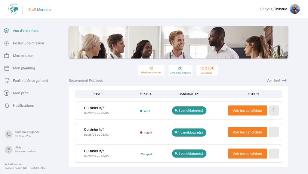 Espace entreprise Staff Mercato, tableau de bord avec missions ouvertes et candidats engagés