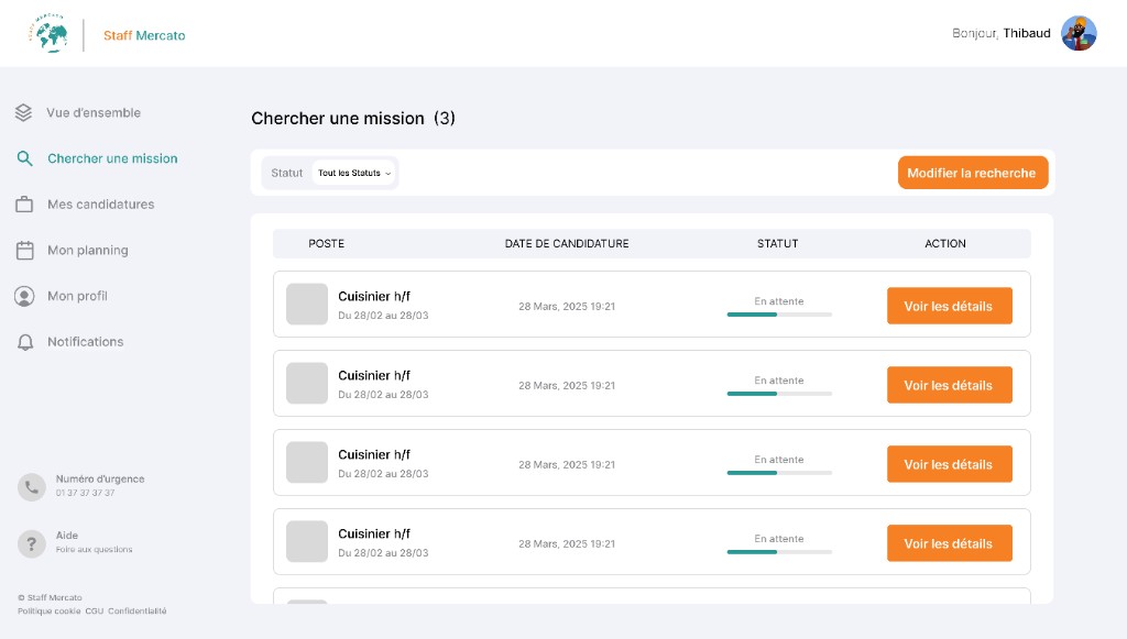 Espace extra Staff Mercato, recherche de missions et candidatures en attente