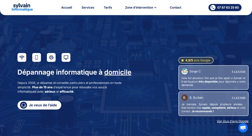 Page d’accueil Sylvain Informatique, dépannage à domicile et bouton d’appel