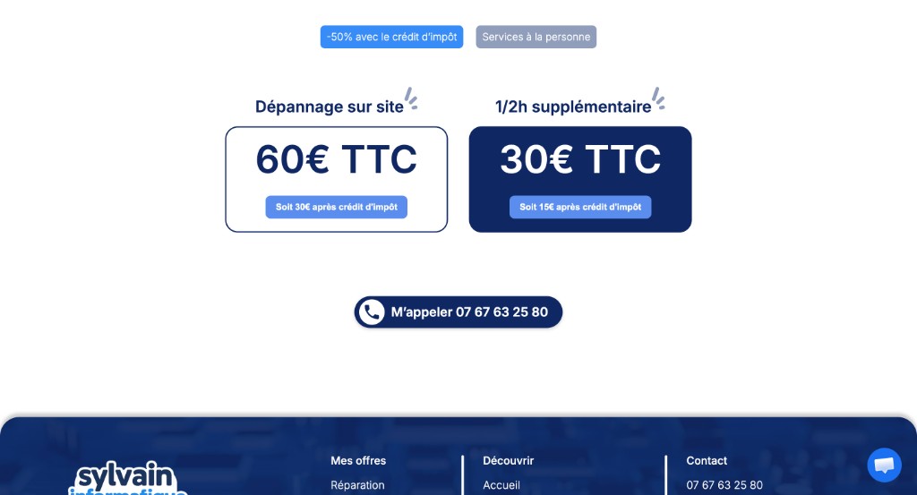 Page tarifs Sylvain Informatique, crédit d’impôt 50 % et bouton d’appel