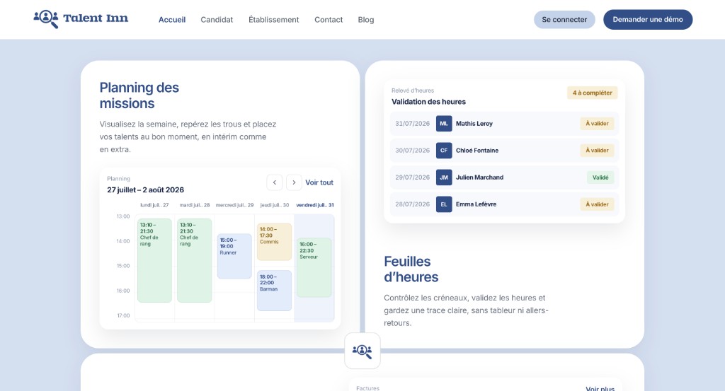 Plateforme Talent Inn, planning des missions et validation des feuilles d’heures