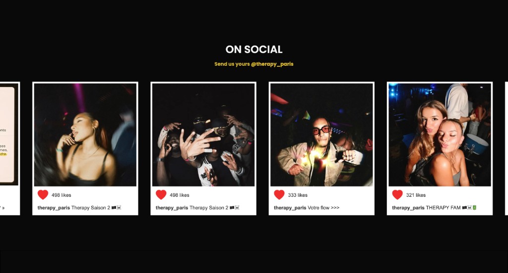 Feed Instagram intégré sur le site Therapy Paris, preuve sociale des soirées