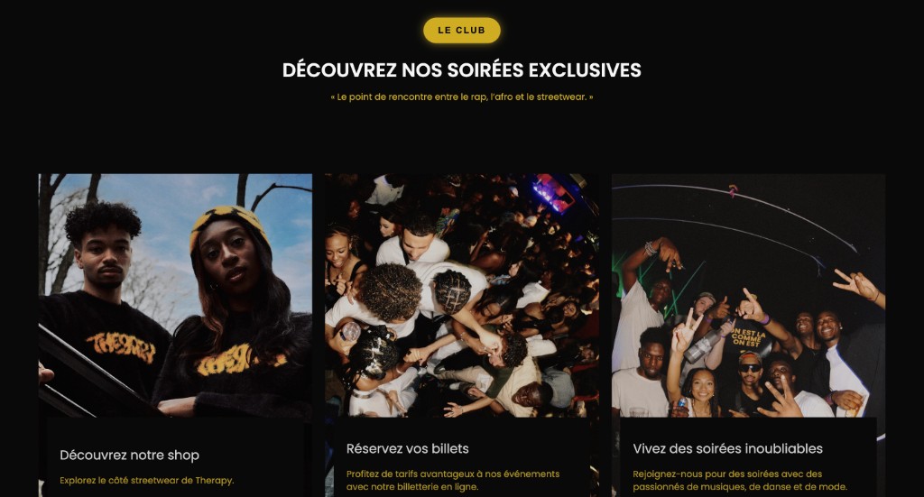 Section soirées Therapy Paris, shop merch et billetterie en ligne