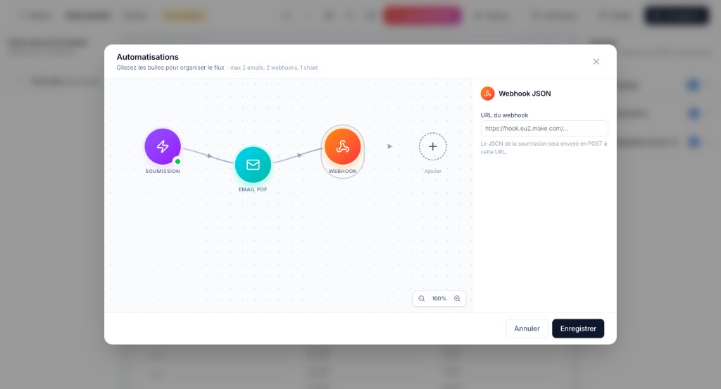 WebForms, builder d’automatisations email, webhook et exports
