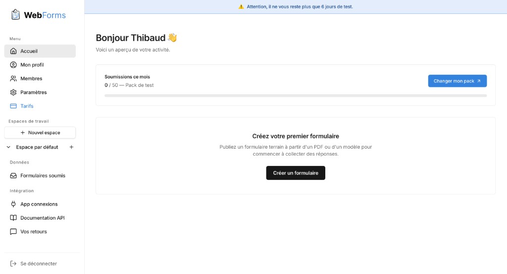 Tableau de bord WebForms, essai gratuit et création de formulaire