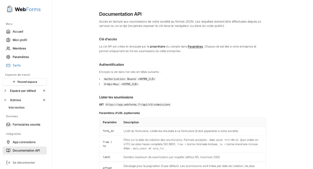 Documentation API WebForms, accès aux soumissions en JSON