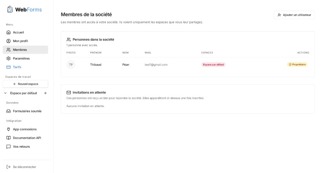 WebForms, gestion des membres et espaces de travail collaboratifs