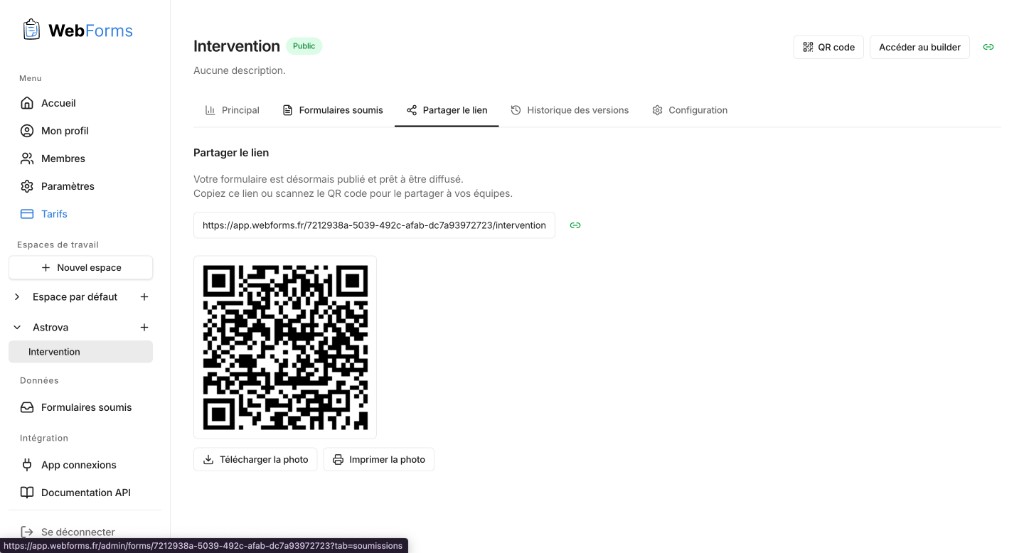 WebForms, partage de formulaire par lien public et QR code